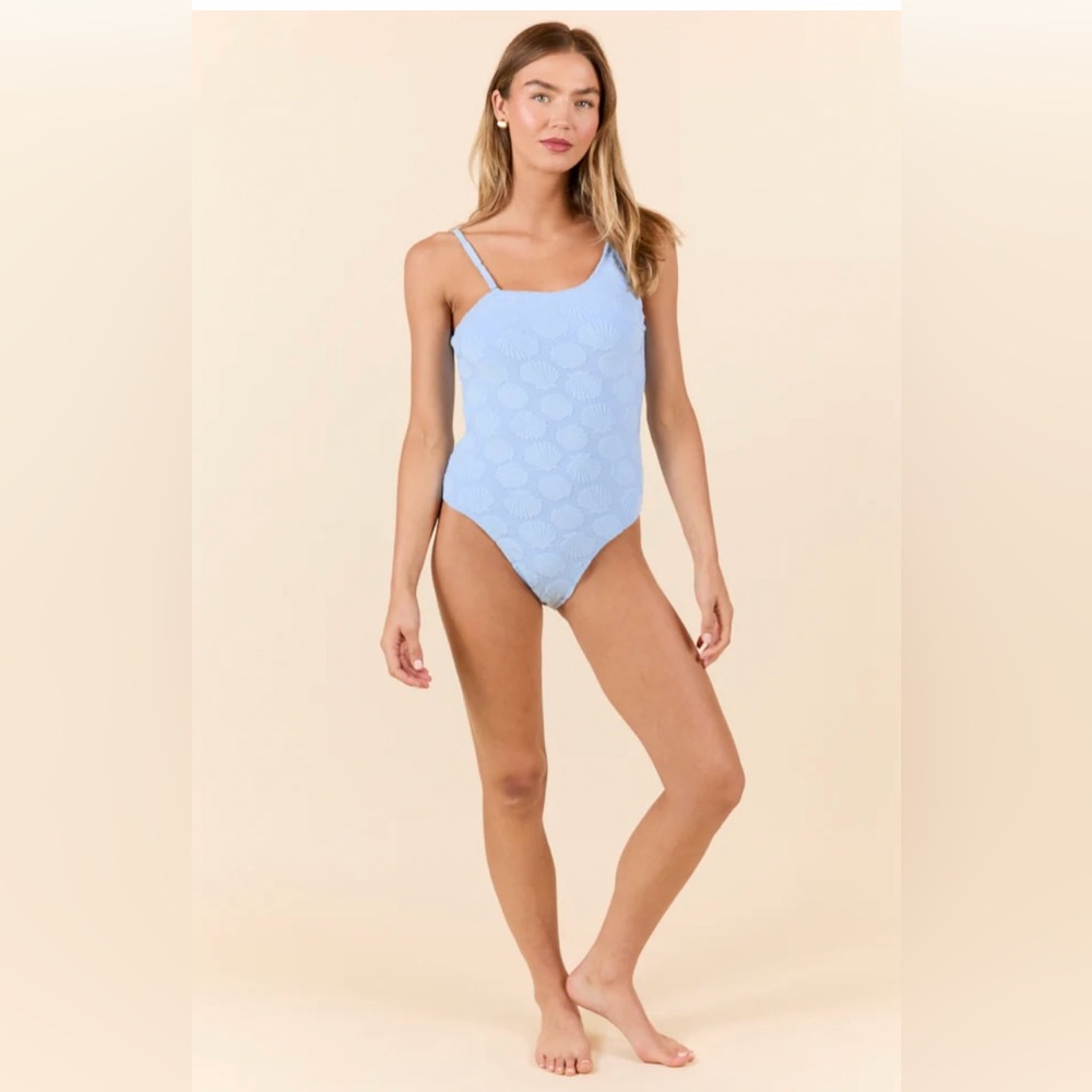 Pink Lily Sally Sells Shells Blue Terry Cloth One Shoulder Swimsuit